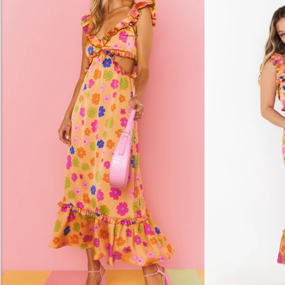 Show Me Your MuMu Yellow Floral Ruffle Midi Dress